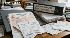 Faldone di documenti fiscali, scontrini parlanti e Certificazione Unica per il Modello 730.